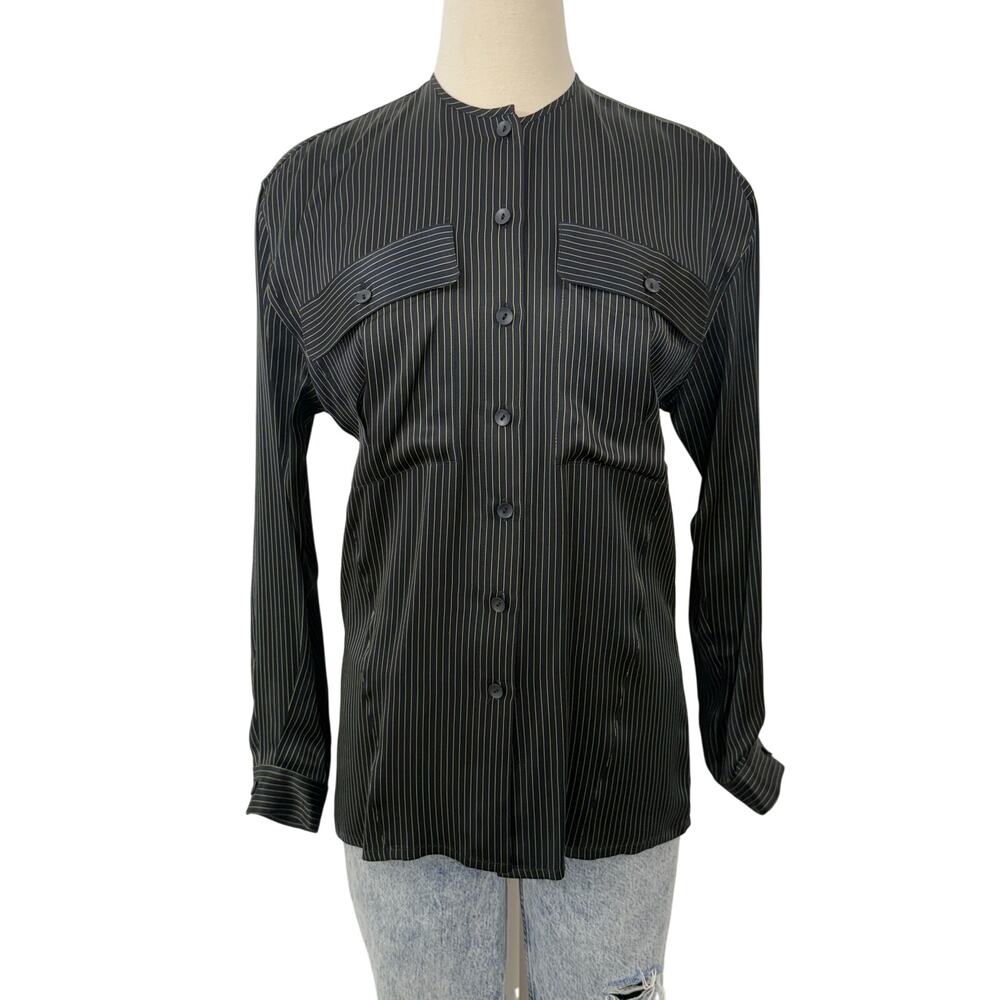 Escada Silk Button-Down Shirt Black/Green Striped Long Sleeves 34 (US 4) Vintage - Picture 1 of 12
